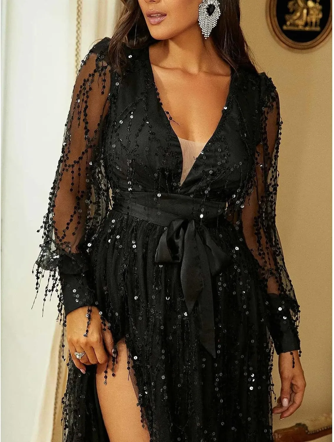 Wedding Guest Dresses for Women, Cocktail Dress, Sparkly Glitter V-Neck Party Dress, High Split Chiffon Evening Dress