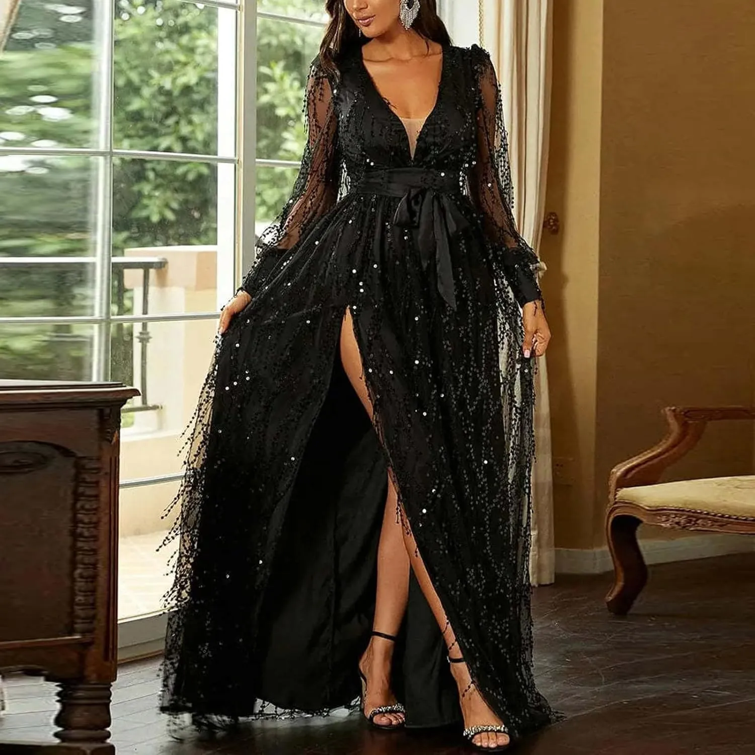 Wedding Guest Dresses for Women, Cocktail Dress, Sparkly Glitter V-Neck Party Dress, High Split Chiffon Evening Dress