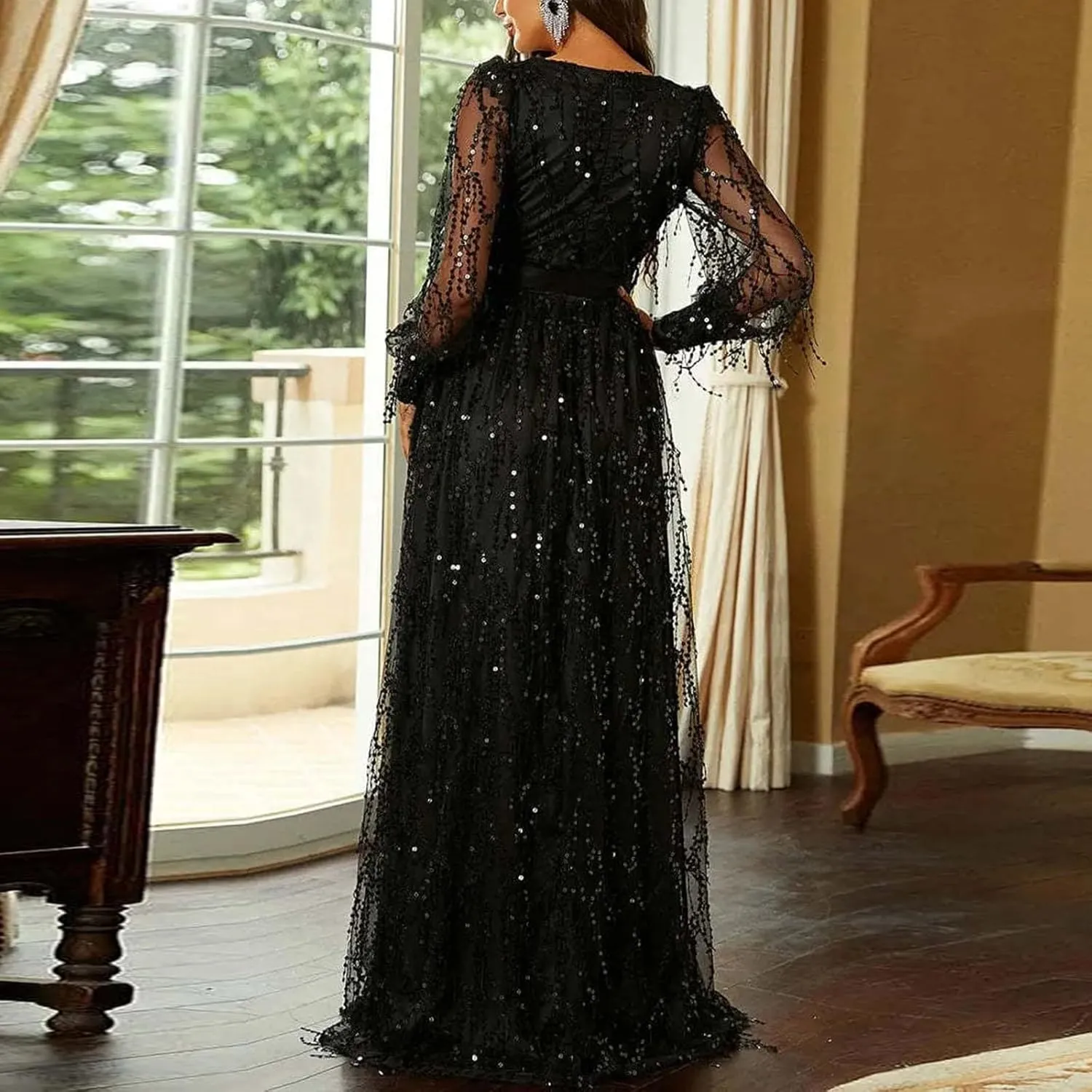 Wedding Guest Dresses for Women, Cocktail Dress, Sparkly Glitter V-Neck Party Dress, High Split Chiffon Evening Dress