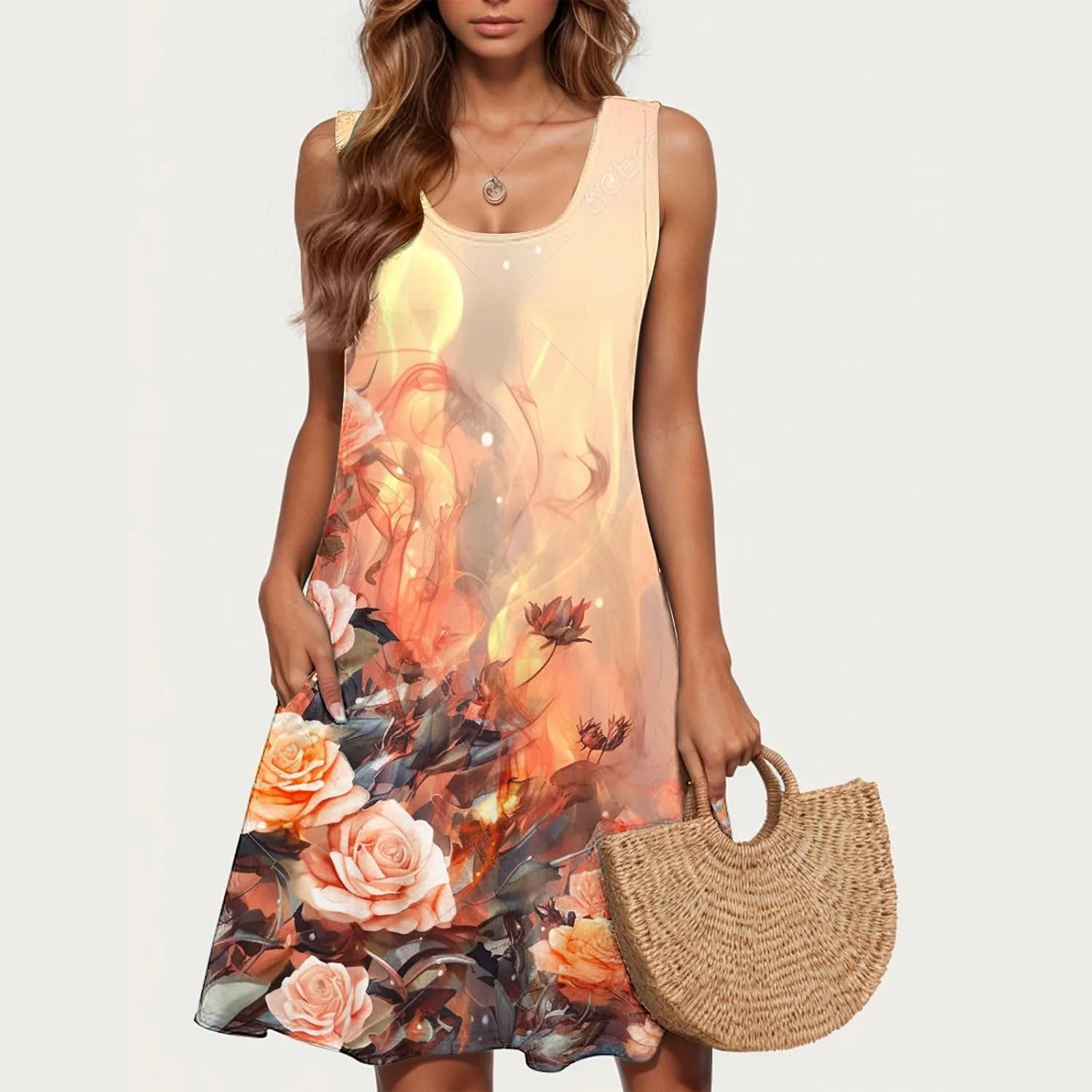 Wedding Guest Dresses for Women Summer Sleevless Floral Loose Dress Ruffle Hem V Neck Dress Business Casual Outfits