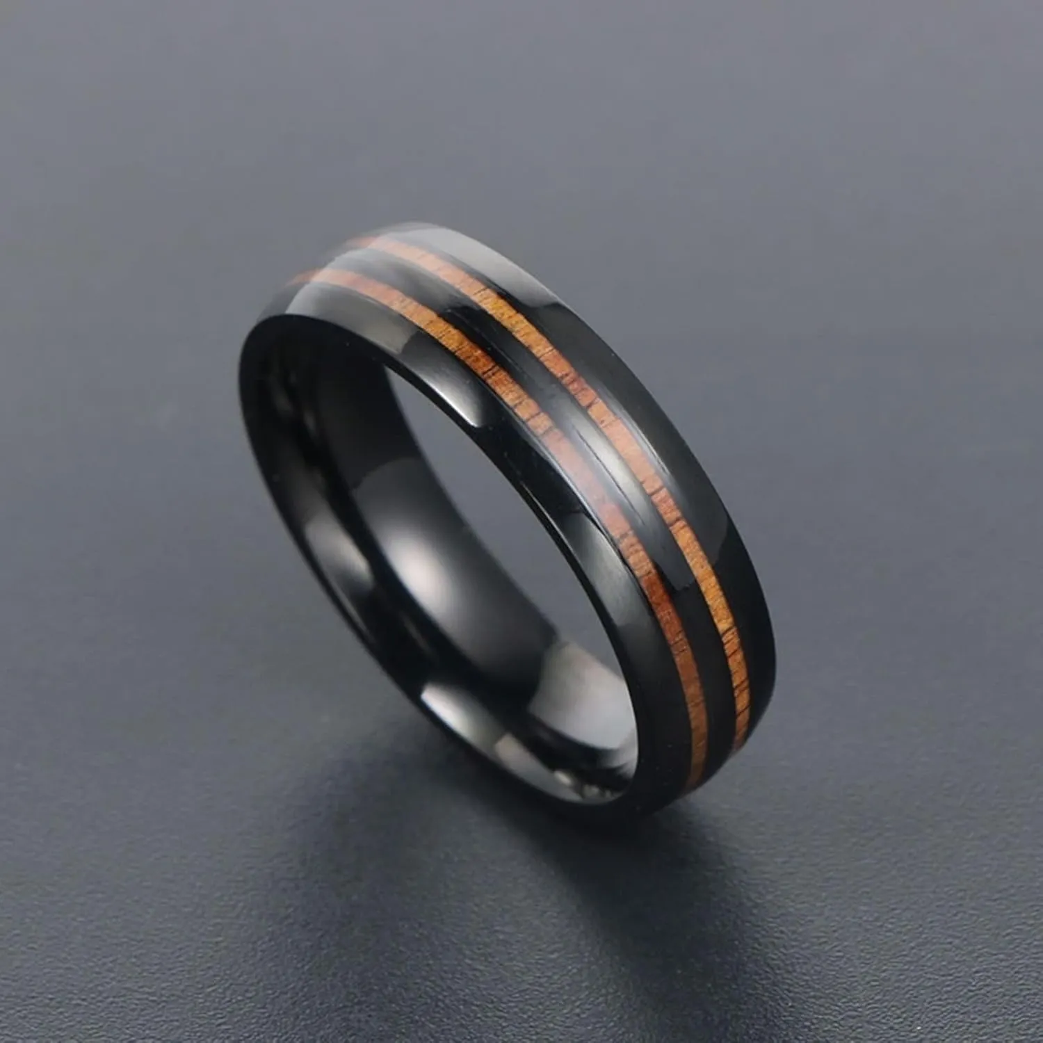 Wedding Ring Band Sets for Him and Her, Couple Rings Set Promise Rings Stainless Steel Comfort Fit 6mm Silver Ring Wood Inlay