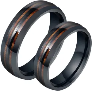 Wedding Ring Band Sets for Him and Her, Couple Rings Set Promise Rings Stainless Steel Comfort Fit 6mm Silver Ring Wood Inlay