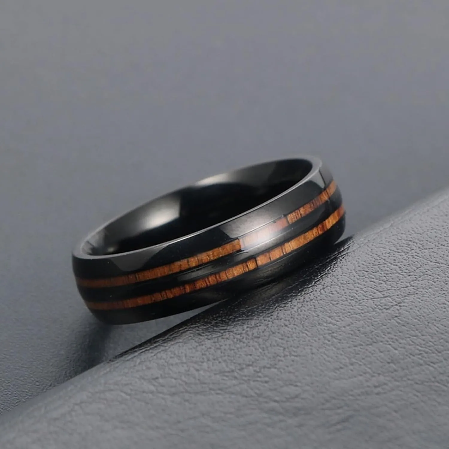Wedding Ring Band Sets for Him and Her, Couple Rings Set Promise Rings Stainless Steel Comfort Fit 6mm Silver Ring Wood Inlay