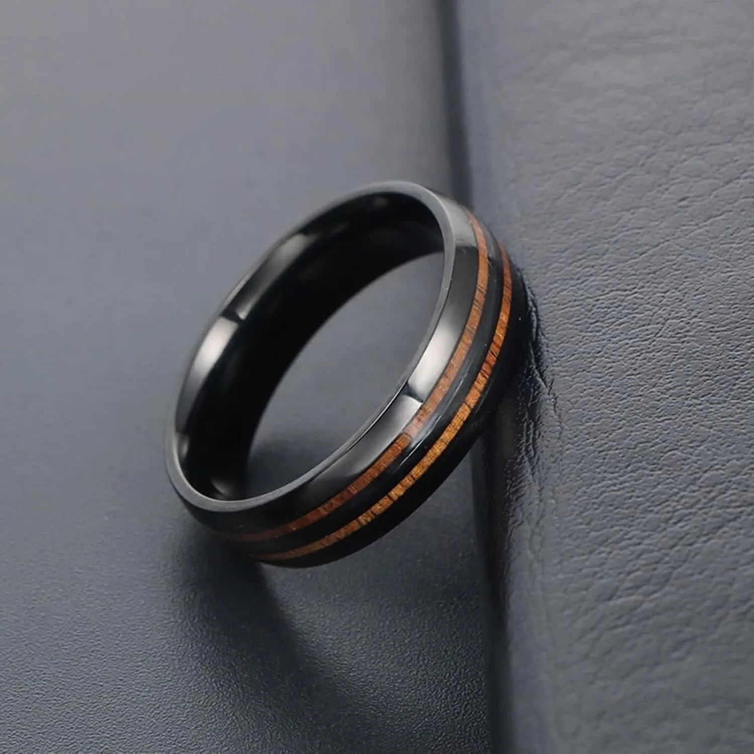 Wedding Ring Band Sets for Him and Her, Couple Rings Set Promise Rings Stainless Steel Comfort Fit 6mm Silver Ring Wood Inlay