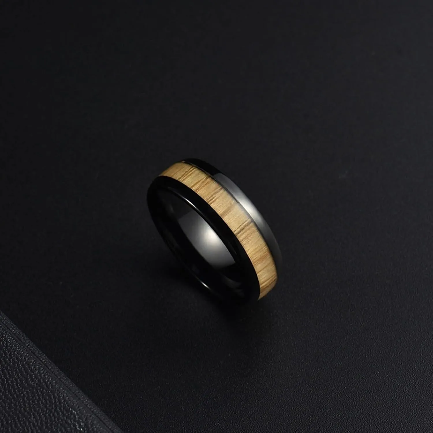 Wedding Rings Set for Him and Her, Stainless Steel Couple Rings Set Promise Rings Comfort Fit 8mm Black Rings Wood Inlay
