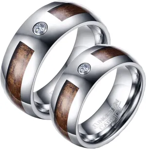 Wedding Rings Sets for Couples, Tungsten Engagement Rings for Couples Set Comfort Fit Wooden Ring Silver 8mm