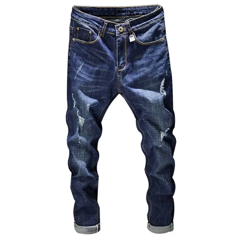 West Louis Distressed Ripped Dark Blue Denim Jeans