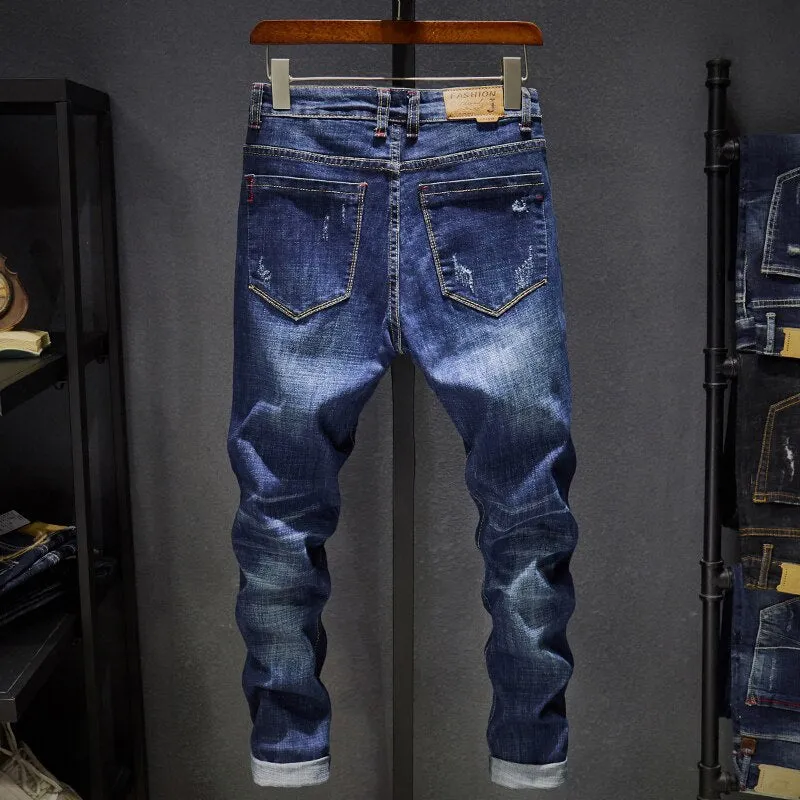 West Louis Distressed Ripped Dark Blue Denim Jeans