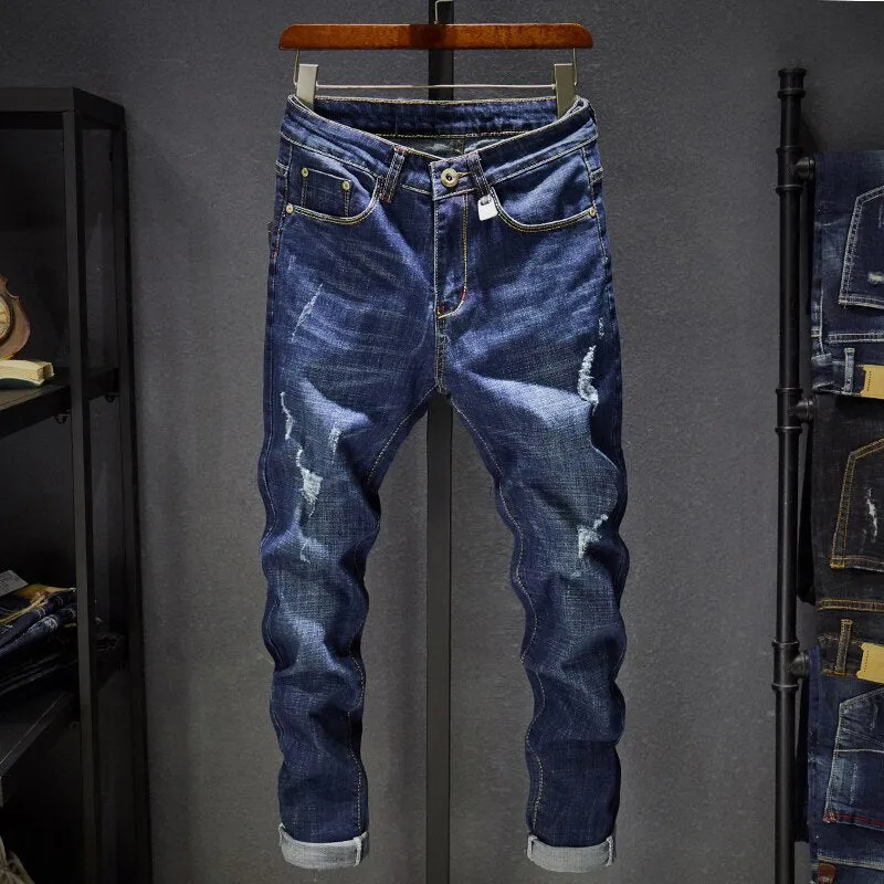 West Louis Distressed Ripped Dark Blue Denim Jeans