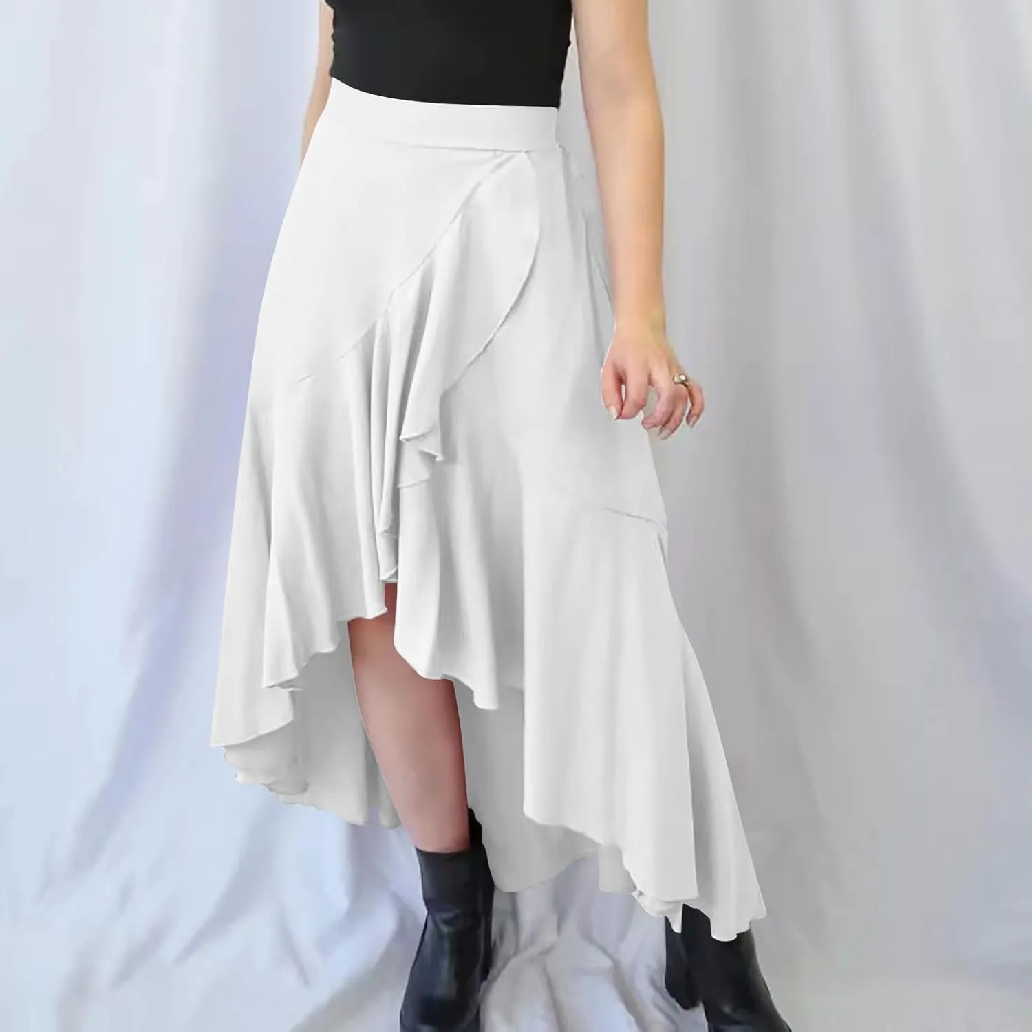 Western Skirts for Women Midi Ruffle Summer Skirt High Waisted Wrap Flowy Skirts High-Low A Line Gothic Skirts