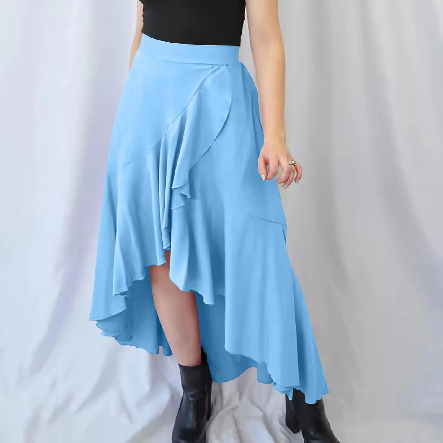 Western Skirts for Women Midi Ruffle Summer Skirt High Waisted Wrap Flowy Skirts High-Low A Line Gothic Skirts