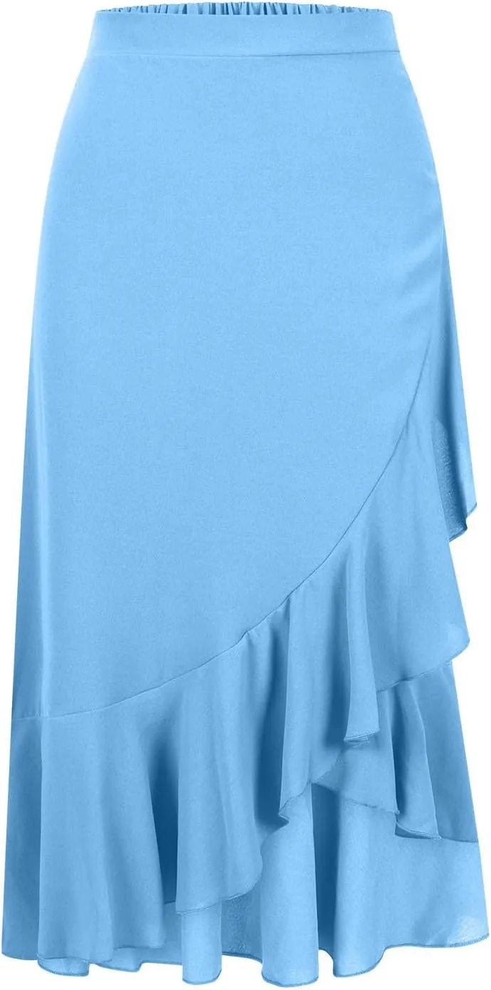 Western Skirts for Women Midi Ruffle Summer Skirt High Waisted Wrap Flowy Skirts High-Low A Line Gothic Skirts