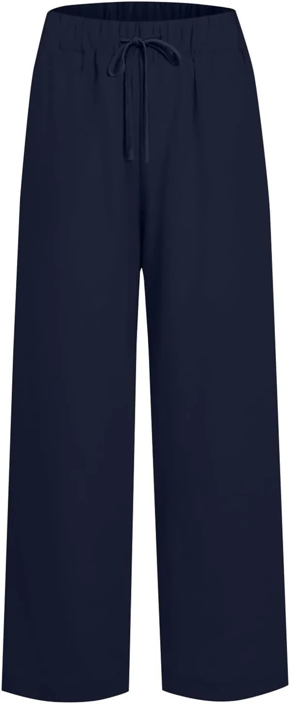 Wide Leg Pants for Women Linen Cotton Summer Flowy High Waisted Drawstring Yoga Pants Baggy Trousers with Pockets