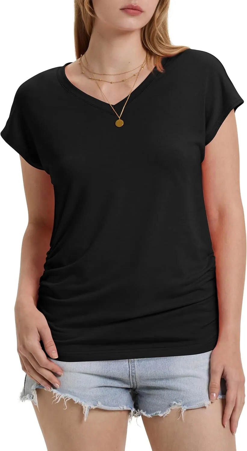 WIHOLL Womens Summer Tops Dressy Casual Cap Sleeve T Shirts for Women V Neck Ruched Tops Basic Tank Fashion Trendy