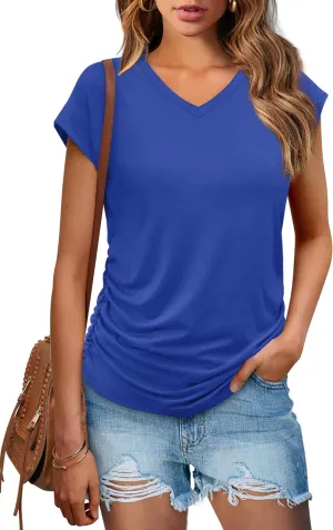 WIHOLL Womens Summer Tops Dressy Casual Cap Sleeve T Shirts for Women V Neck Ruched Tops Basic Tank Fashion Trendy