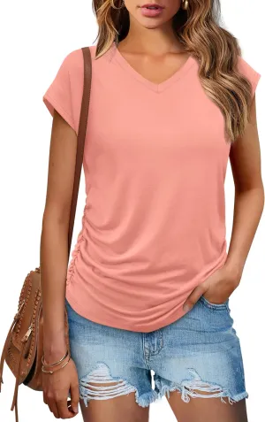 WIHOLL Womens Summer Tops Dressy Casual Cap Sleeve T Shirts for Women V Neck Ruched Tops Basic Tank Fashion Trendy