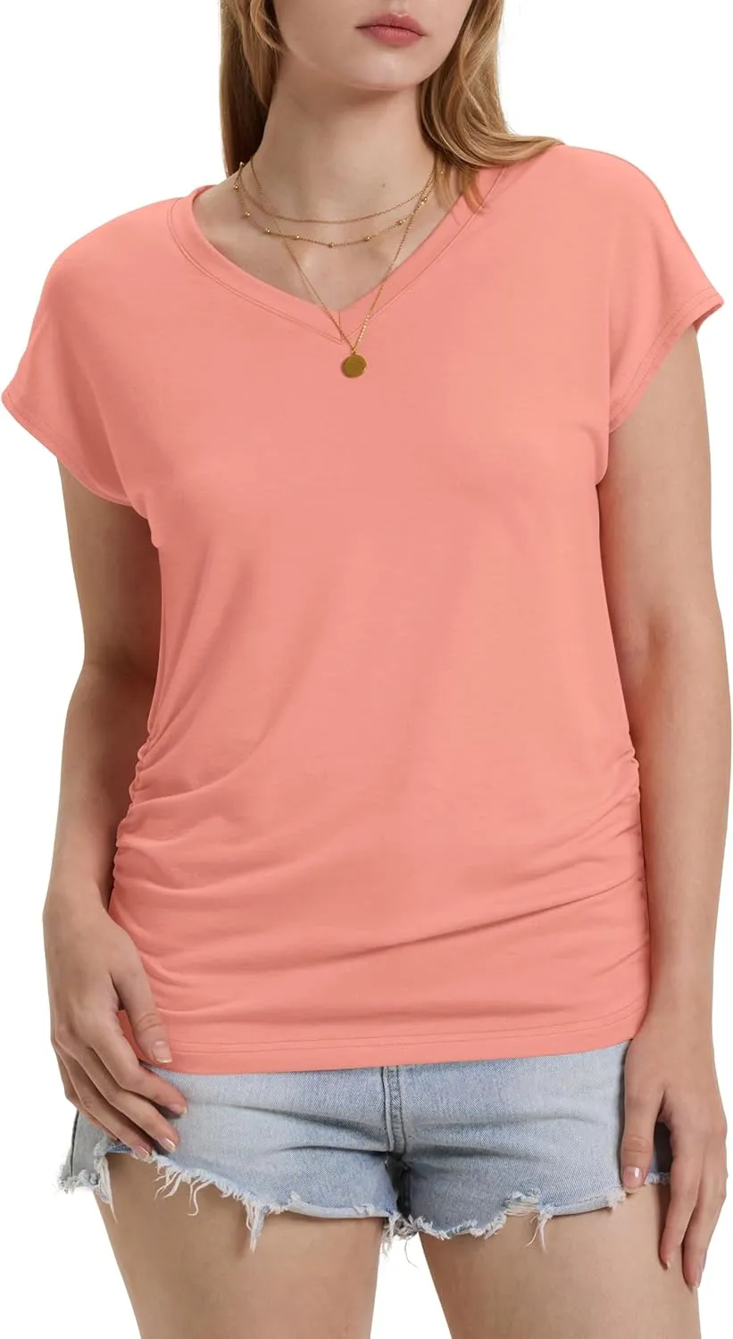 WIHOLL Womens Summer Tops Dressy Casual Cap Sleeve T Shirts for Women V Neck Ruched Tops Basic Tank Fashion Trendy