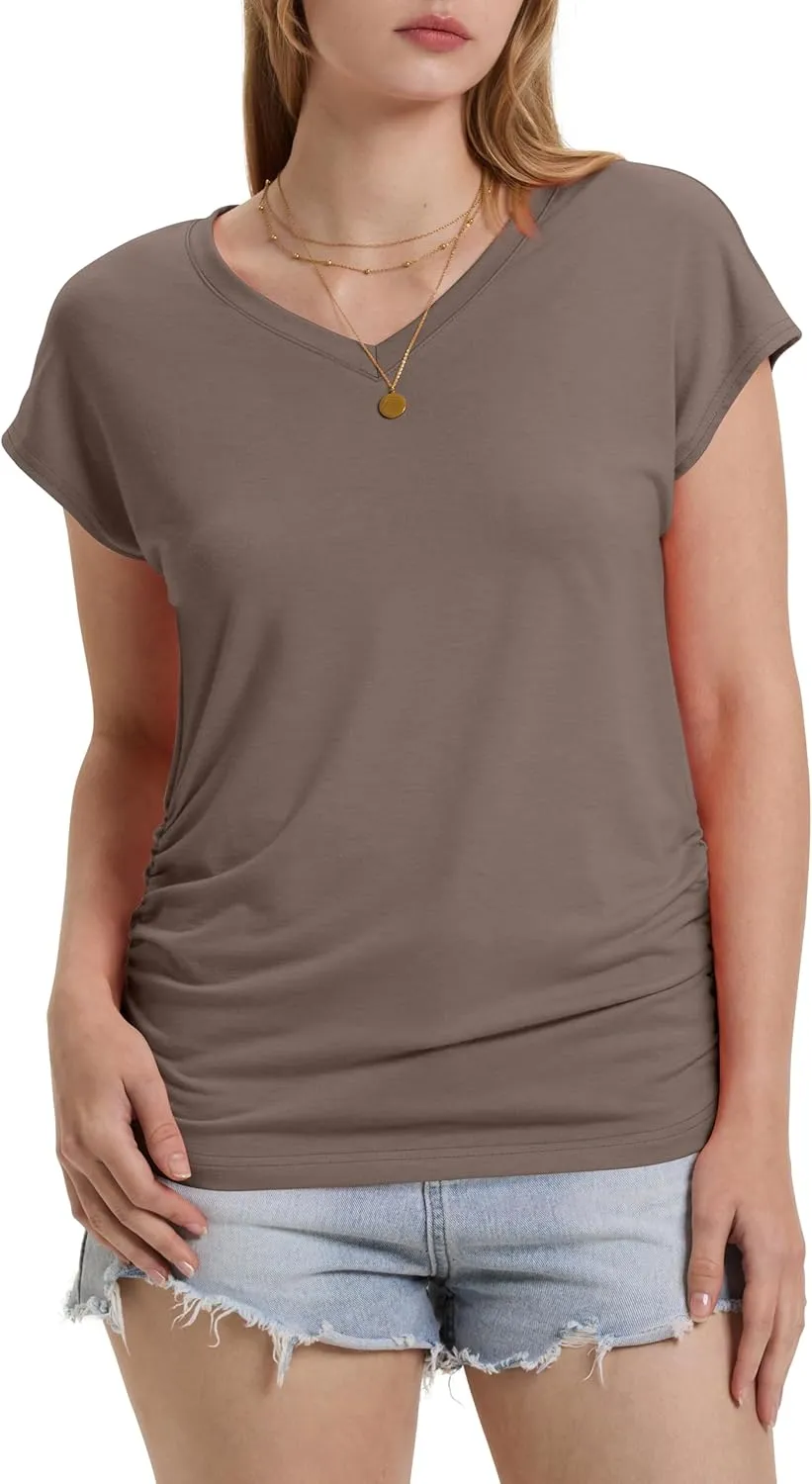 WIHOLL Womens Summer Tops Dressy Casual Cap Sleeve T Shirts for Women V Neck Ruched Tops Basic Tank Fashion Trendy