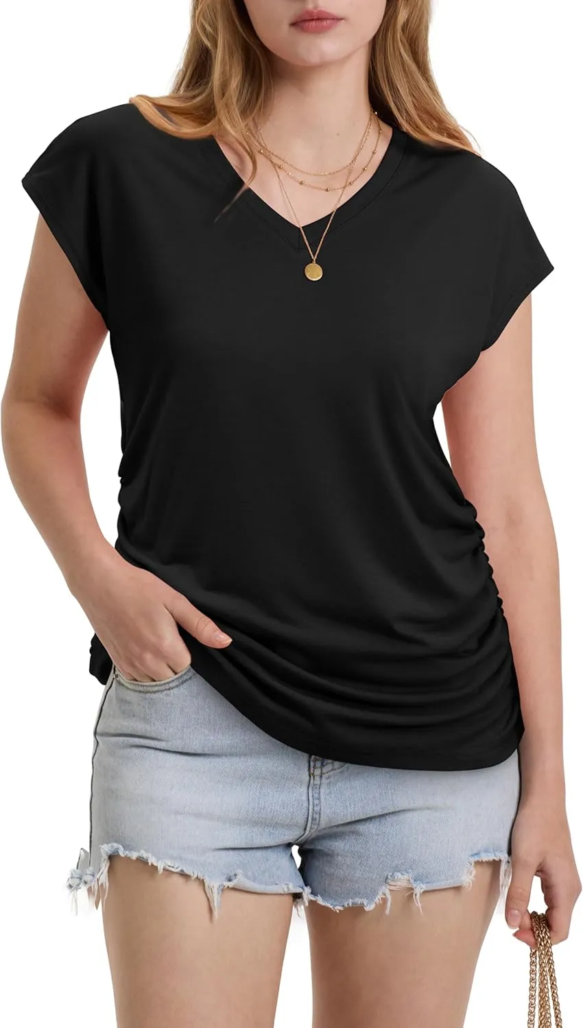 WIHOLL Womens Summer Tops Dressy Casual Cap Sleeve T Shirts for Women V Neck Ruched Tops Basic Tank Fashion Trendy