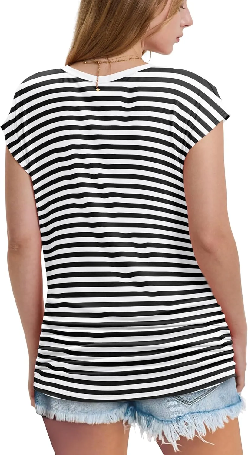 WIHOLL Womens Summer Tops Dressy Casual Cap Sleeve T Shirts for Women V Neck Ruched Tops Basic Tank Fashion Trendy