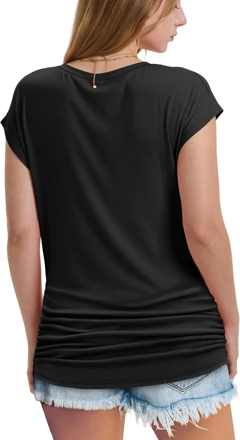 WIHOLL Womens Summer Tops Dressy Casual Cap Sleeve T Shirts for Women V Neck Ruched Tops Basic Tank Fashion Trendy