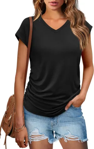 WIHOLL Womens Summer Tops Dressy Casual Cap Sleeve T Shirts for Women V Neck Ruched Tops Basic Tank Fashion Trendy