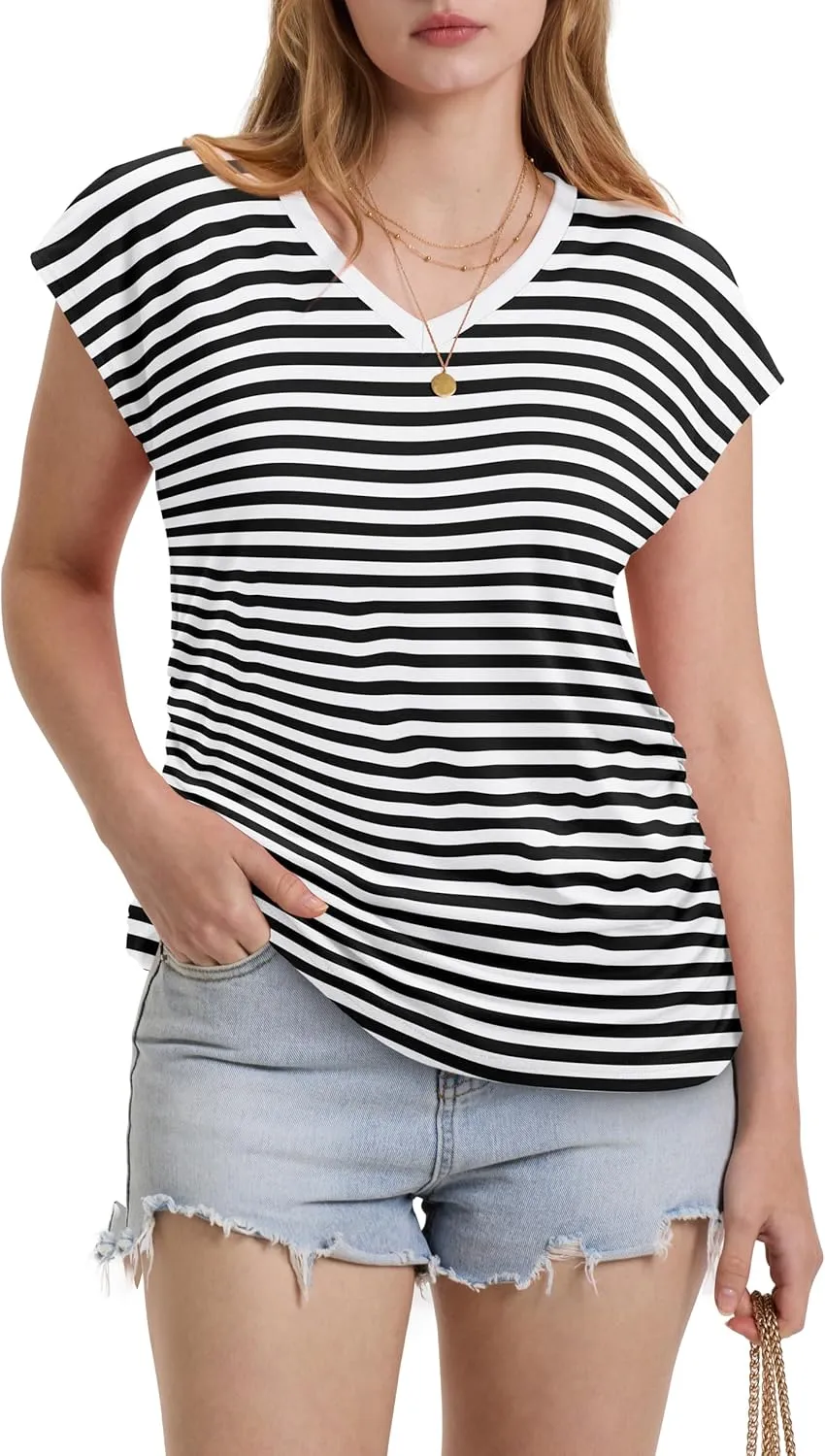 WIHOLL Womens Summer Tops Dressy Casual Cap Sleeve T Shirts for Women V Neck Ruched Tops Basic Tank Fashion Trendy