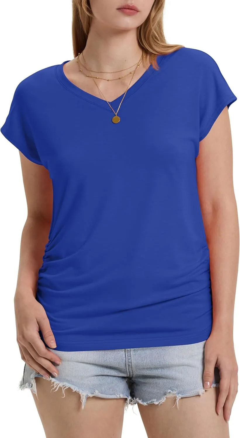 WIHOLL Womens Summer Tops Dressy Casual Cap Sleeve T Shirts for Women V Neck Ruched Tops Basic Tank Fashion Trendy