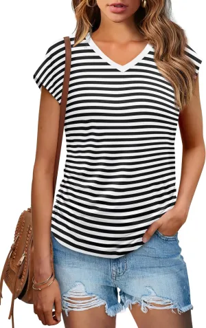 WIHOLL Womens Summer Tops Dressy Casual Cap Sleeve T Shirts for Women V Neck Ruched Tops Basic Tank Fashion Trendy