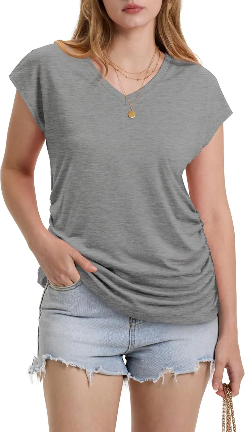 WIHOLL Womens Summer Tops Dressy Casual Cap Sleeve T Shirts for Women V Neck Ruched Tops Basic Tank Fashion Trendy