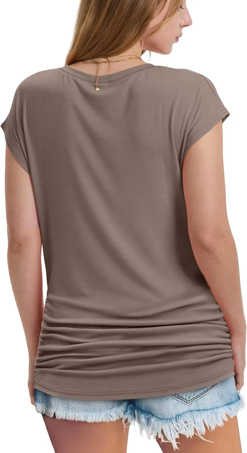 WIHOLL Womens Summer Tops Dressy Casual Cap Sleeve T Shirts for Women V Neck Ruched Tops Basic Tank Fashion Trendy