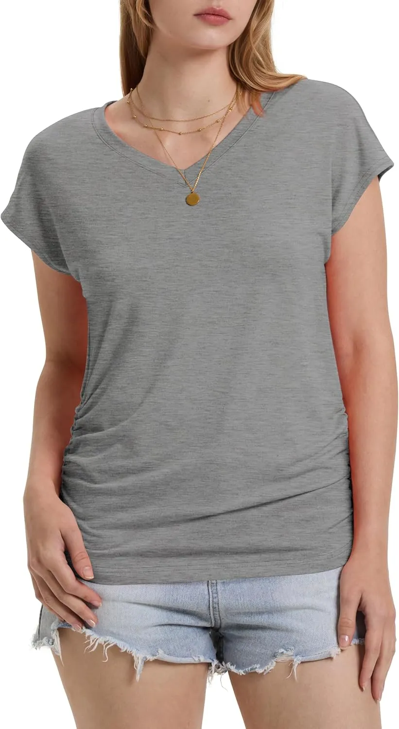 WIHOLL Womens Summer Tops Dressy Casual Cap Sleeve T Shirts for Women V Neck Ruched Tops Basic Tank Fashion Trendy