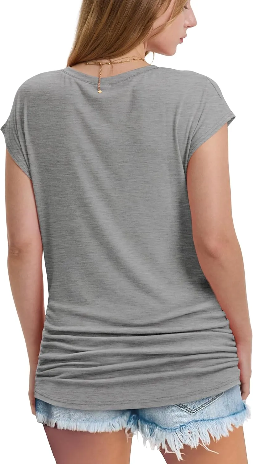 WIHOLL Womens Summer Tops Dressy Casual Cap Sleeve T Shirts for Women V Neck Ruched Tops Basic Tank Fashion Trendy