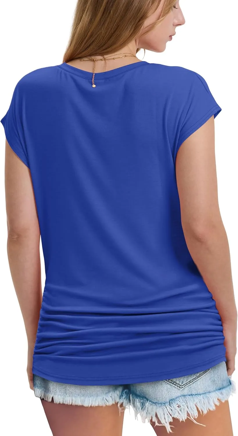WIHOLL Womens Summer Tops Dressy Casual Cap Sleeve T Shirts for Women V Neck Ruched Tops Basic Tank Fashion Trendy