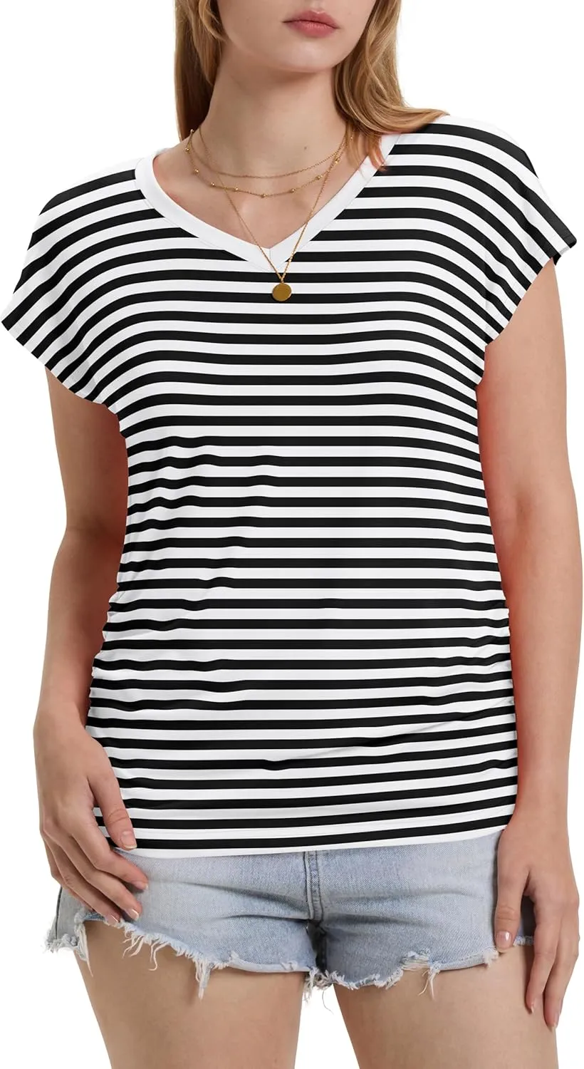 WIHOLL Womens Summer Tops Dressy Casual Cap Sleeve T Shirts for Women V Neck Ruched Tops Basic Tank Fashion Trendy