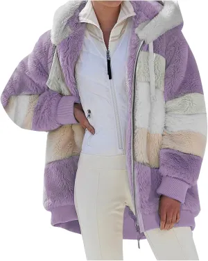 Winter Coat For Women Fuzzy Fleece Jacket Hooded Color Block Thermal Coat Oversized Fluffy Sherpa Outerwear Sweater