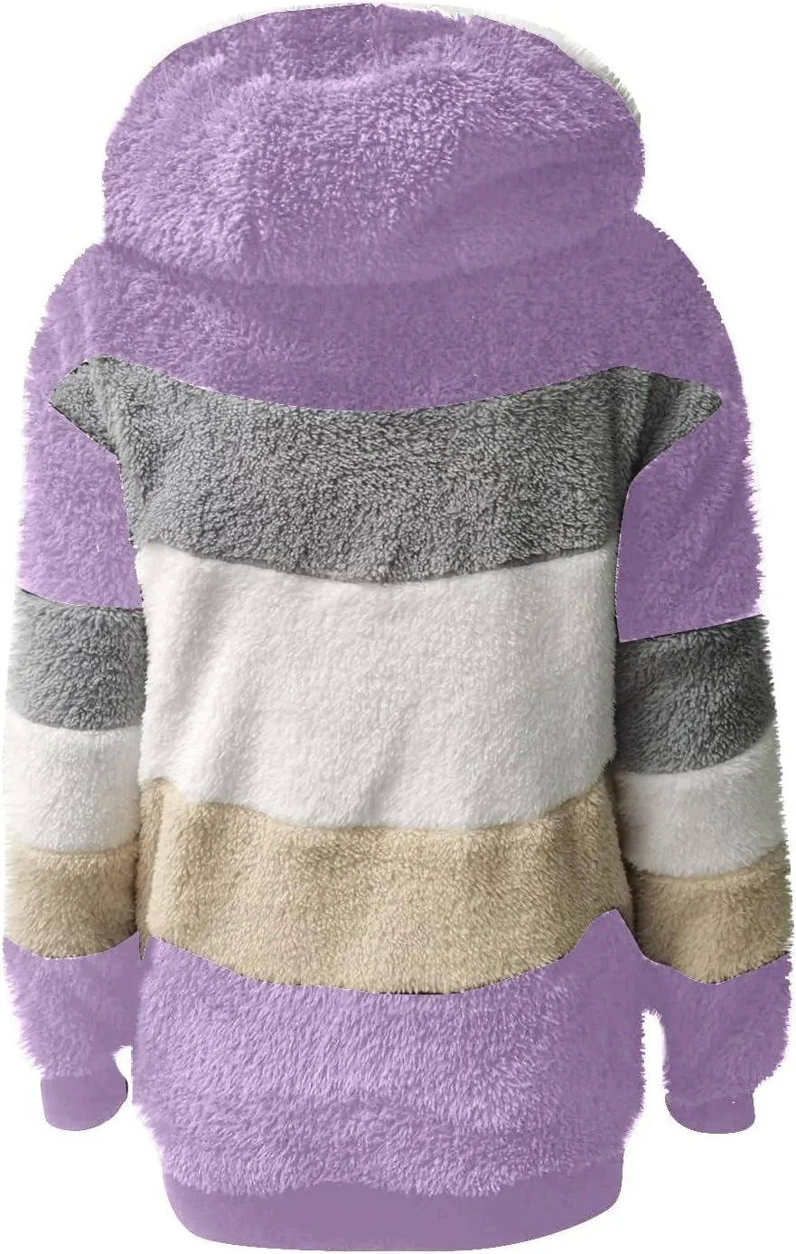 Winter Coat For Women Fuzzy Fleece Jacket Hooded Color Block Thermal Coat Oversized Fluffy Sherpa Outerwear Sweater