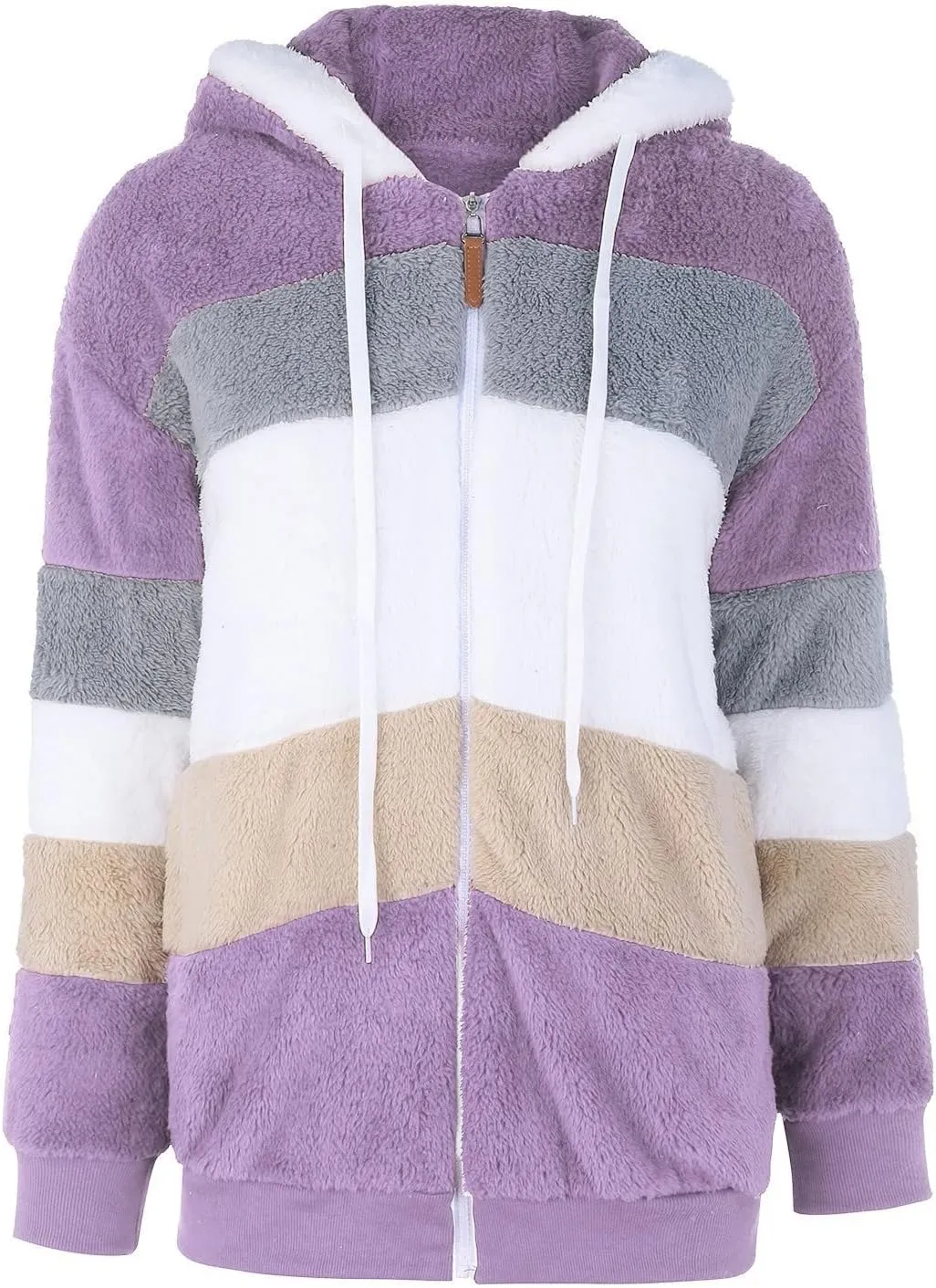Winter Coat For Women Fuzzy Fleece Jacket Hooded Color Block Thermal Coat Oversized Fluffy Sherpa Outerwear Sweater