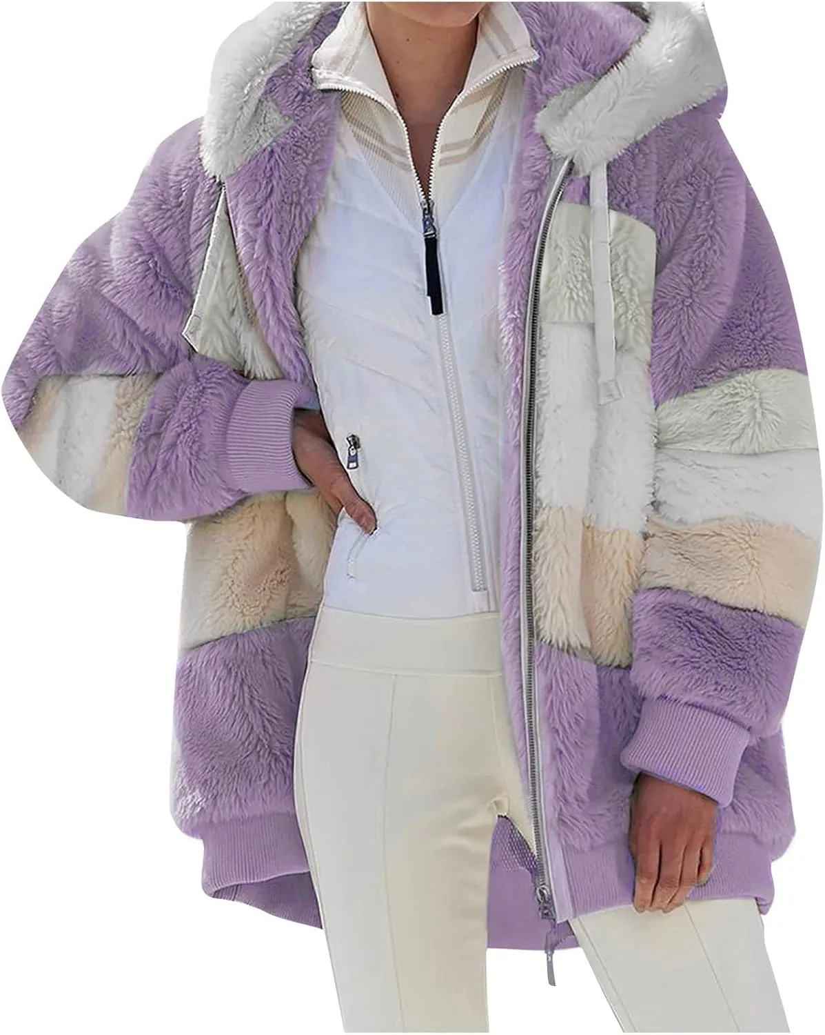 Winter Coat For Women Fuzzy Fleece Jacket Hooded Color Block Thermal Coat Oversized Fluffy Sherpa Outerwear Sweater