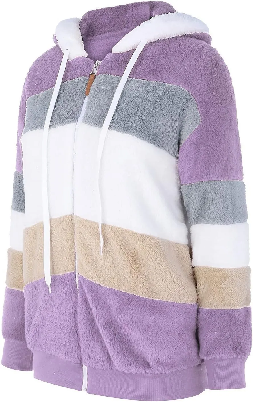 Winter Coat For Women Fuzzy Fleece Jacket Hooded Color Block Thermal Coat Oversized Fluffy Sherpa Outerwear Sweater