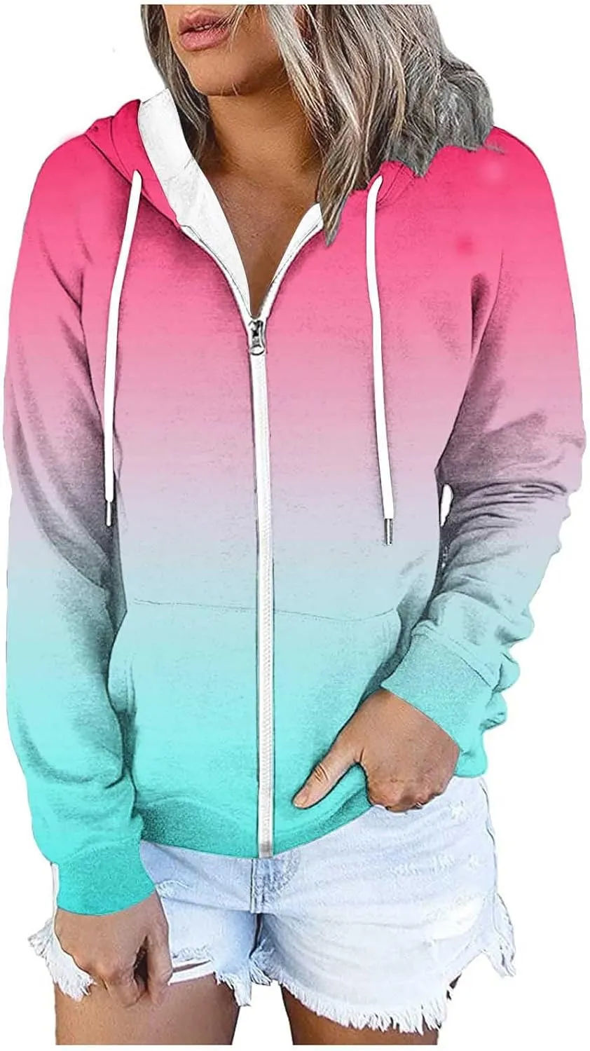 Winter Coats for Women Full Zip Drawstring Hoodies Gradient Long Sleeve Fall Jackets with Pockets Outdoor