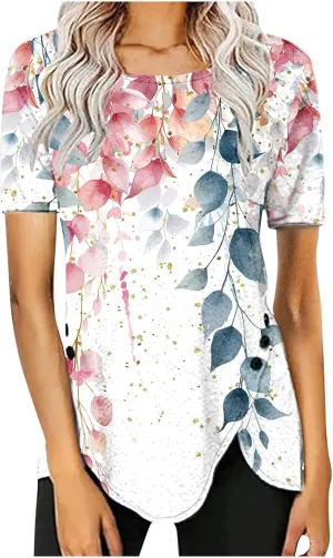 Women 2024 Short Sleeve Summer Shirts Floral Print Fitted Causal Tshirts Boho Blouses Tunics Dressy Trendy Clothes