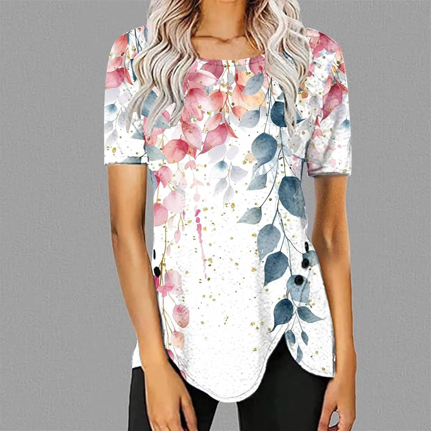 Women 2024 Short Sleeve Summer Shirts Floral Print Fitted Causal Tshirts Boho Blouses Tunics Dressy Trendy Clothes