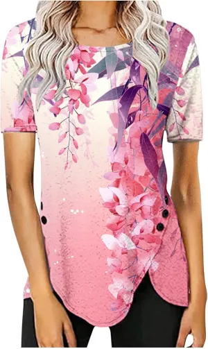 Women 2024 Short Sleeve Summer Shirts Floral Print Fitted Causal Tshirts Boho Blouses Tunics Dressy Trendy Clothes