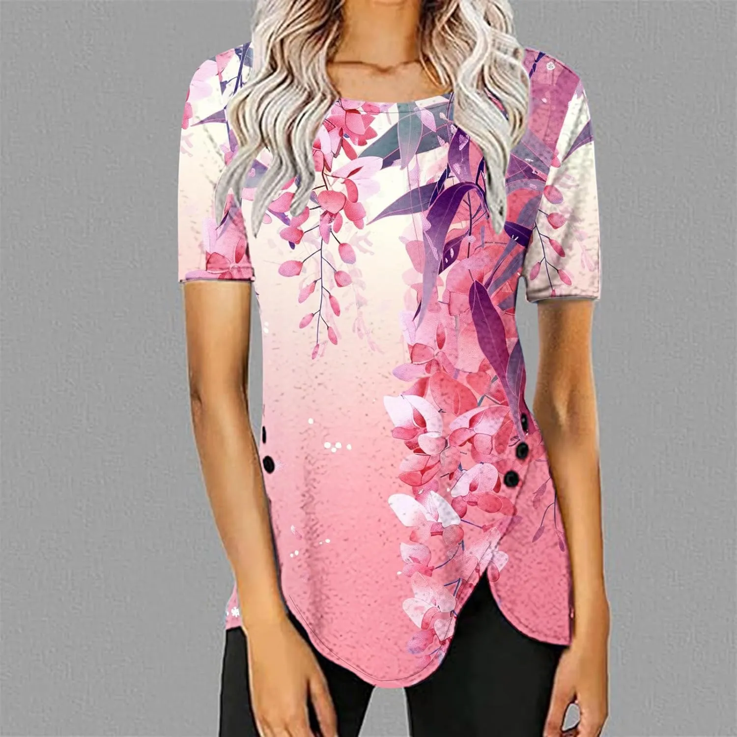 Women 2024 Short Sleeve Summer Shirts Floral Print Fitted Causal Tshirts Boho Blouses Tunics Dressy Trendy Clothes