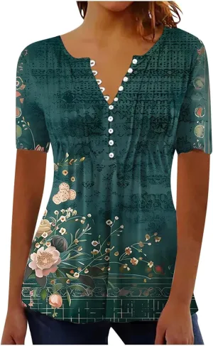 Women 2025 Spring Blouses Tops Floral Short Sleeve Boho T Shirts Dressy Casual Tunic Beach Vacation Ladies Clothing