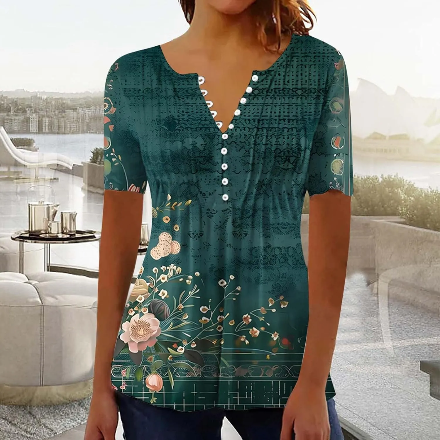 Women 2025 Spring Blouses Tops Floral Short Sleeve Boho T Shirts Dressy Casual Tunic Beach Vacation Ladies Clothing