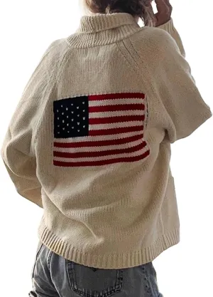 Women American Flag Cardigan Sweaters Y2k Long Sleeve Open Front Button Down Cardigans USA Flag Knitwear