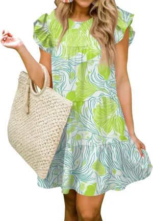 Women Babydoll Summer Casual Crew Neck Ruffle Sleeve Sleeveless Flowy Mini Short Tunic Dress Floral Print Pleated Dress4-Green,XX-Large