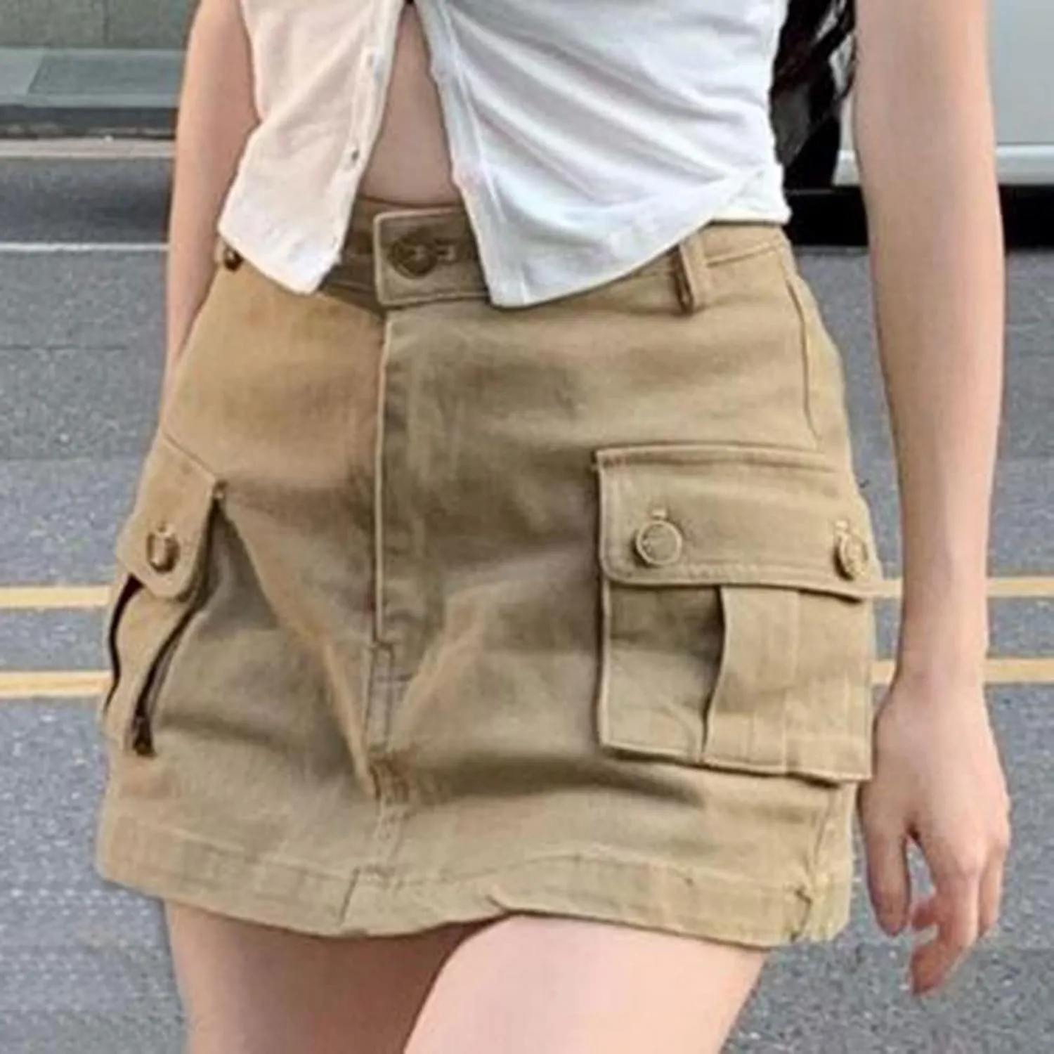 Women Cargo Midi Denim Skirt High Waisted Skirts Jean Skirt with Pockets Beach A Line Dress Pencil Skirts for